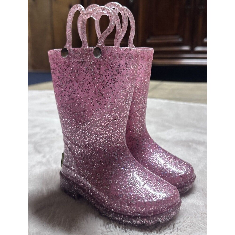 Western Chief Kids Pink Glitter Waterproof Rain Boots Heart Handles Lug Sole 5